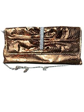 Metallic Bronze Snake-Embossed Evening Clutch with Rhinestone Accent with chain